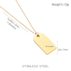 Polished gold stainless steel square bar necklace with zircon pendant and dimensions