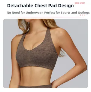 Detail view of brown heathered yoga sports bra featuring removable pads for fitness