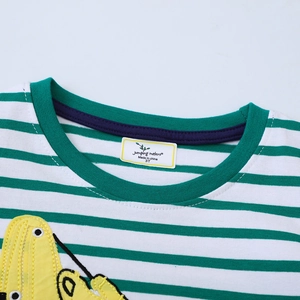 Green and white striped kids long sleeve t-shirt with cartoon crocodile embroidery