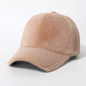 Plush light brown baseball cap with fuzzy faux fur texture and curved brim design