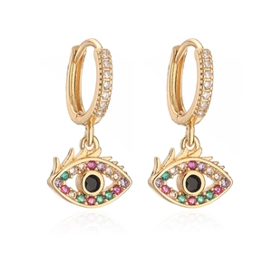 Gold evil eye hoop earrings with colorful zircon stones and polished reflection
