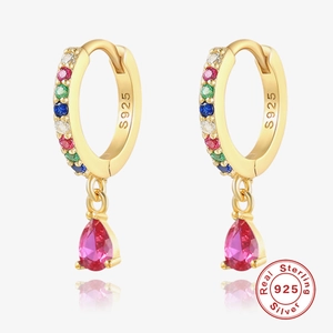 S925 sterling silver gold hoop earrings with colorful zircon and pear-cut pink drops