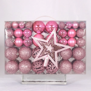 Pink Christmas ornaments set in transparent box with matte and glitter baubles