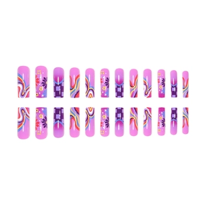 Long trapezoid press-on nails featuring purple checkerboard and floral Y2K retro designs