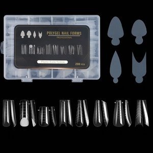 Macro view of 288-piece polygel nail forms set with various shapes in a black storage box