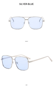 Front and side views of silver square pilot sunglasses with blue tinted lenses