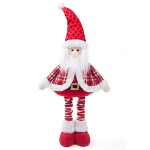 Nahaufnahme der Weihnachtsmann-Puppe mit rot karierter Jacke und gestreiften Beinen