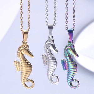 Polished stainless steel seahorse pendant necklaces in gold, silver and rainbow finish