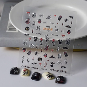 Halloween 5D Embossed Nail Stickers 3D Self Adhesive Gothic Skulls Black Cat Pumpkin Rose Blood Drop Decoration