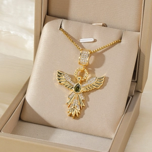 Minimalist Stainless Steel Phoenix Wing Pendant Necklace For Women Gold Plated Zirconia Green Gemstone Angel Wing Jewelry Gift