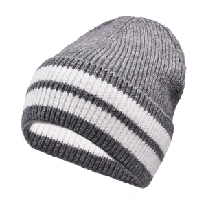 Detailed close-up of grey and white striped knit beanie showing fine rib texture