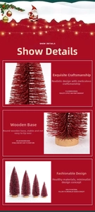 Detailed view of red flocked mini Christmas trees with round wooden base in tiered sizes