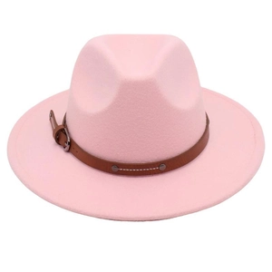 Detail of pink fedora hat featuring a brown leather belt strap with adjustable metal buckle