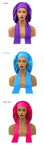 Detailed view of satin long-strap sleep bonnets in purple, blue, and rose red colors