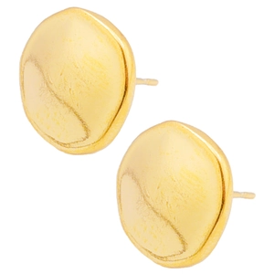 Detail of gold geometric earrings with vintage hammered texture on minimalist discs