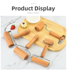 Set of 5 beech wood rolling pins with stainless steel frames for baking on marble surface