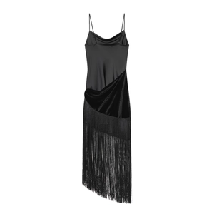 Elegant black satin and velvet slip dress featuring long fringe hem for women