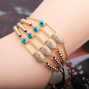 Zircon safety pin and evil eye charm beaded bracelet set with adjustable woven cord