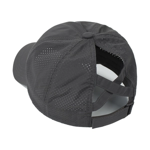 Close-up of the dark grey breathable mesh ponytail baseball cap with criss-cross bands