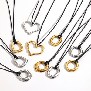 Vintage stainless steel heart and geometric pendants on black cord necklaces