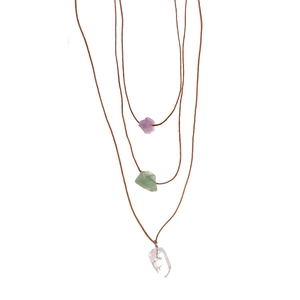 Three-piece set of natural raw crystal necklaces with amethyst, fluorite, and clear quartz