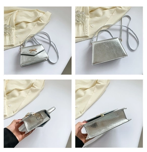 Vues détaillées d'un mini sac à main argenté avec nœud doré et bandoulière fine