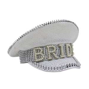 White Bride captain hat with sequins, silver rivets and pearl rhinestone BRIDE lettering