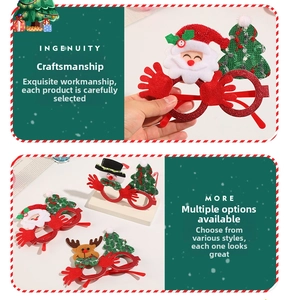 Close-up of glittery Christmas glasses frames featuring Santa, reindeer and snowman designs