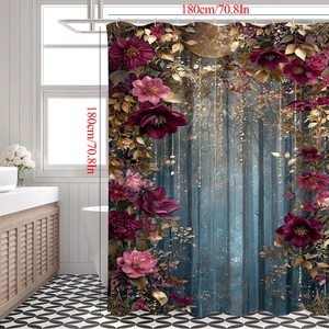 Detail of floral shower curtain featuring red flowers and gold leaves in dark forest style