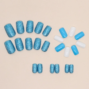 Blue glitter and milky white square press-on nails set for a fresh manicure style