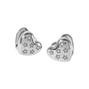 Detailed view of silver heart earrings featuring five-pointed star zircon stone inlays