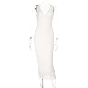 Mouwloze witte bodycon midi-jurk met V-hals en delicate kanten afwerking