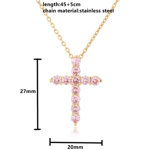 Pink zircon cross pendant necklace in gold stainless steel, 45+5cm chain size