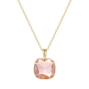 Close-up of square cushion-cut pink crystal pendant with gold chain for women