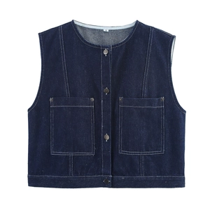 Women's dark blue denim vest with round neck, rivet buttons and large pockets