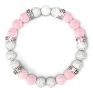 Detail of pink crystal and white turquoise beaded yoga bracelet with rhinestone spacers