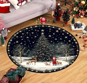 Detail of round Christmas carpet with Santa and reindeer on wooden floor decor