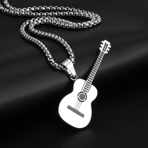 Silver stainless steel guitar pendant necklace for men with premium metallic luster