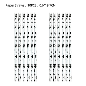Detail of 10-piece black and white paw print paper straws for dog birthday party