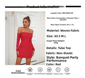 Detail of red strapless bodycon dress with sizing chart and polyester fabric specifications