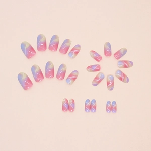 Medium oval press-on nails with colorful marble gradient pattern in pink and purple