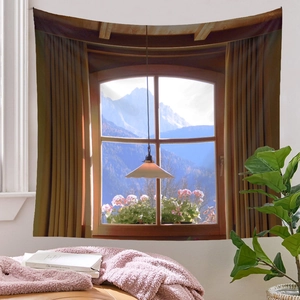 Detail of wall tapestry featuring realistic window mountain scenery and pink flowers