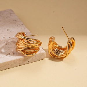 Polished gold plated geometric multi-layered C-shape stud earrings with minimalist design