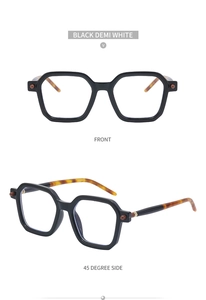 Front and 45-degree side views of black square optical frames with tortoiseshell temples