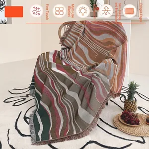 Bohemian Cotton Knitted Throw Blanket Wave Pattern Fringe Tassels Sofa Couch Cover Decorative Tapestry Outdoor Camping Wrap