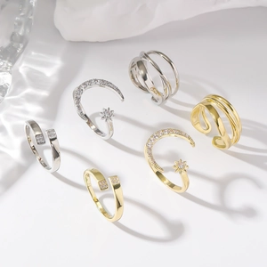 Copper Rhinestone Adjustable Open Ring Simple Moon Star Geometric Multi Layer Ring Gold Silver Finger Jewelry For Women