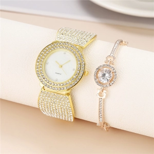 Lussuoso set orologio al quarzo dorato con strass e bracciale di cristallo abbinato
