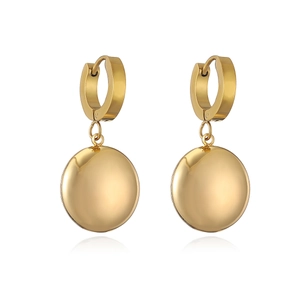 Detailed view of polished gold stainless steel hoop earrings with round heart star pendants