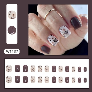 Short grape purple press-on nails set with elegant flower patterns and heart designs
