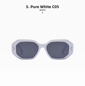 Detail view of solid white polygonal sunglasses with dark grey lenses and triple studs